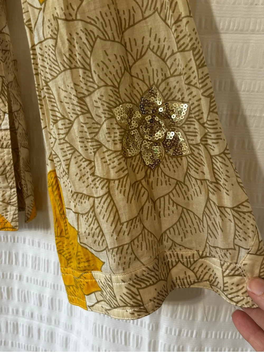 Tory Burch Floral Mustard & Silver Sequin Cotton Tunic Blouse Top Sz 10